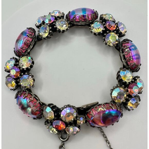 Vendome vintage hot pink aurora borealis striped cabochons rhinestones bracelet - Picture 1 of 11